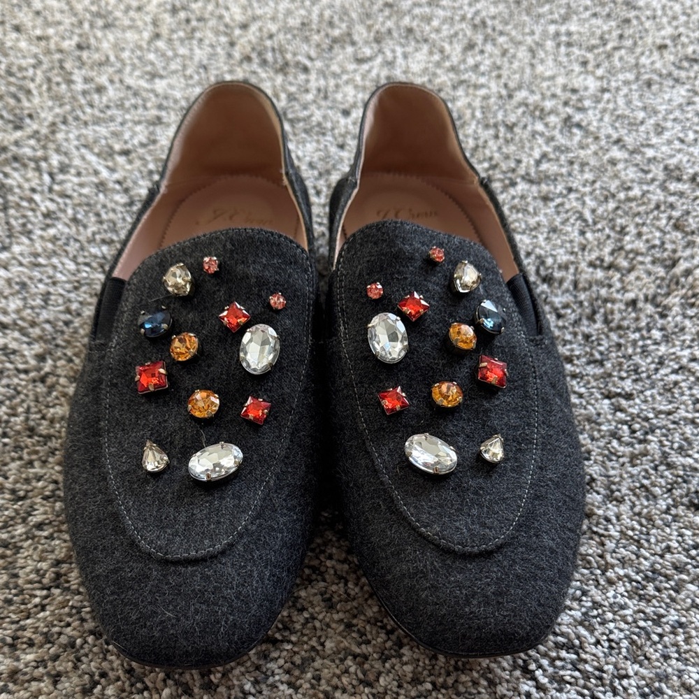 J. Crew Dark Gray Embellished Wool Loafers with Multicolored Gem Accents